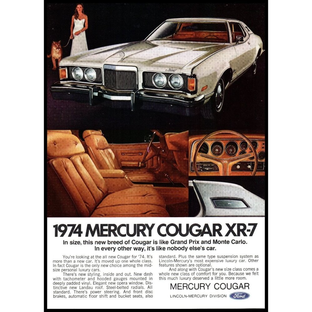 1974 Mercury Cougar XR-7 XR7 Luxury Coupe Vintage Print Ad Man Cave Wall Art